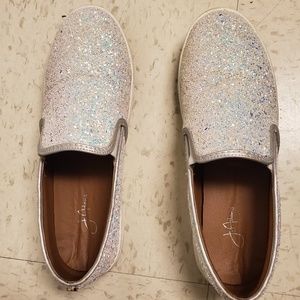 J. Adam's white glitter flat slip ons